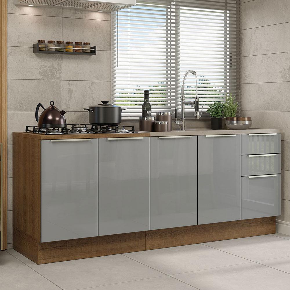 Kit com 2 Balcões de Cozinha Madesa Lux 4 Portas 3 Gavetas (Sem Tampo e Pia) Rustic/Cinza - Home & Living