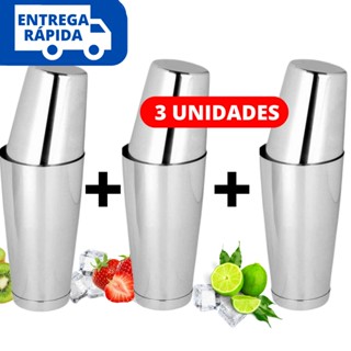 Kit 03 Coqueteleira Inox Profissional Boston Barman 800ml 2 Copos Para Drinks Bebidas