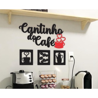 Escrita Cantinho do café em MDF preto com xícara vermelha e com opção dos 3 quadrinhos em Oferta na Shopee