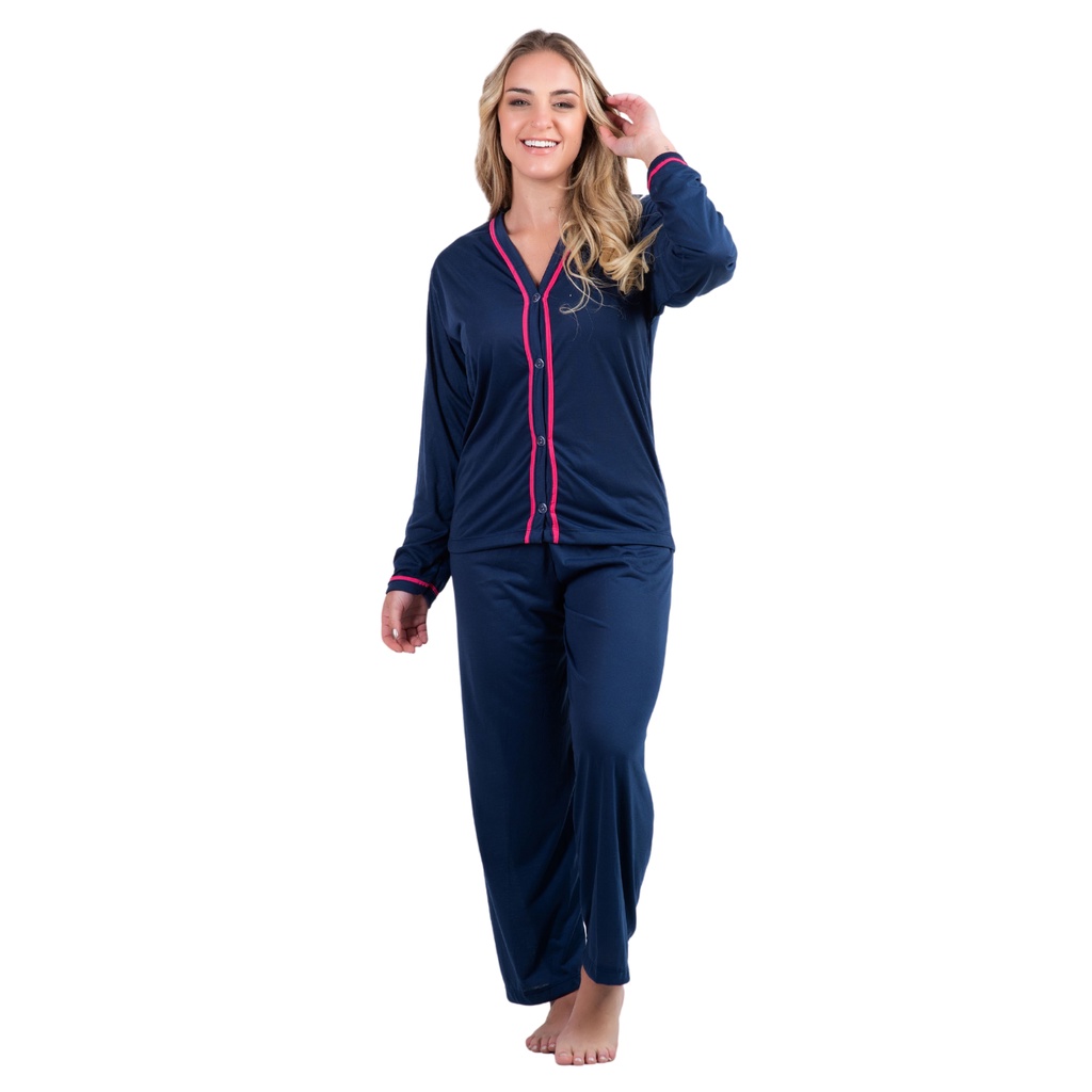 Pijama Longo Botão Amamentação Pós-cirúrgico Feminino Frio Malha Comprido Conjunto Confortável Inverno Promoção 354