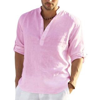 Homens Casual Linho De Algodão Cor Sólida Camisa De Manga Comprida Colarinho Solto Camiseta Masculina