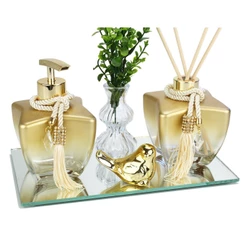 Kit Banheiro Lavabo Frascos de Vidro Para Lavabo Decoração Super Luxo C/ Bandeja London