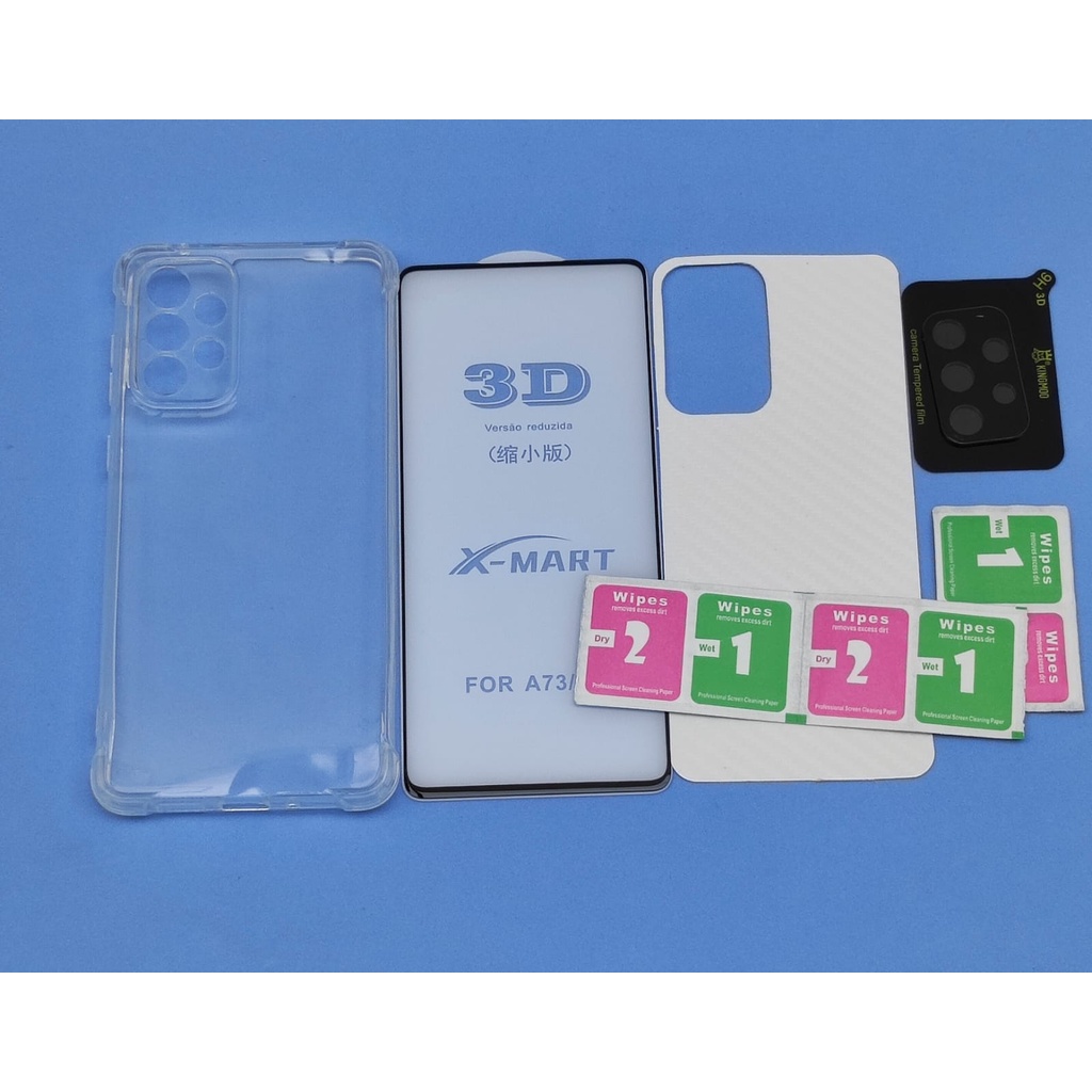 Kit para Samsung Galaxy   A04 A04E A13 A14  A23 A24 A33  A34 A53  A54 A73 M13 M14 M23 M52 M53  M62 4G 5G , Película vidro 3D, Película Câmera 3D e capa anti impacto, Traseira de Carbono ;