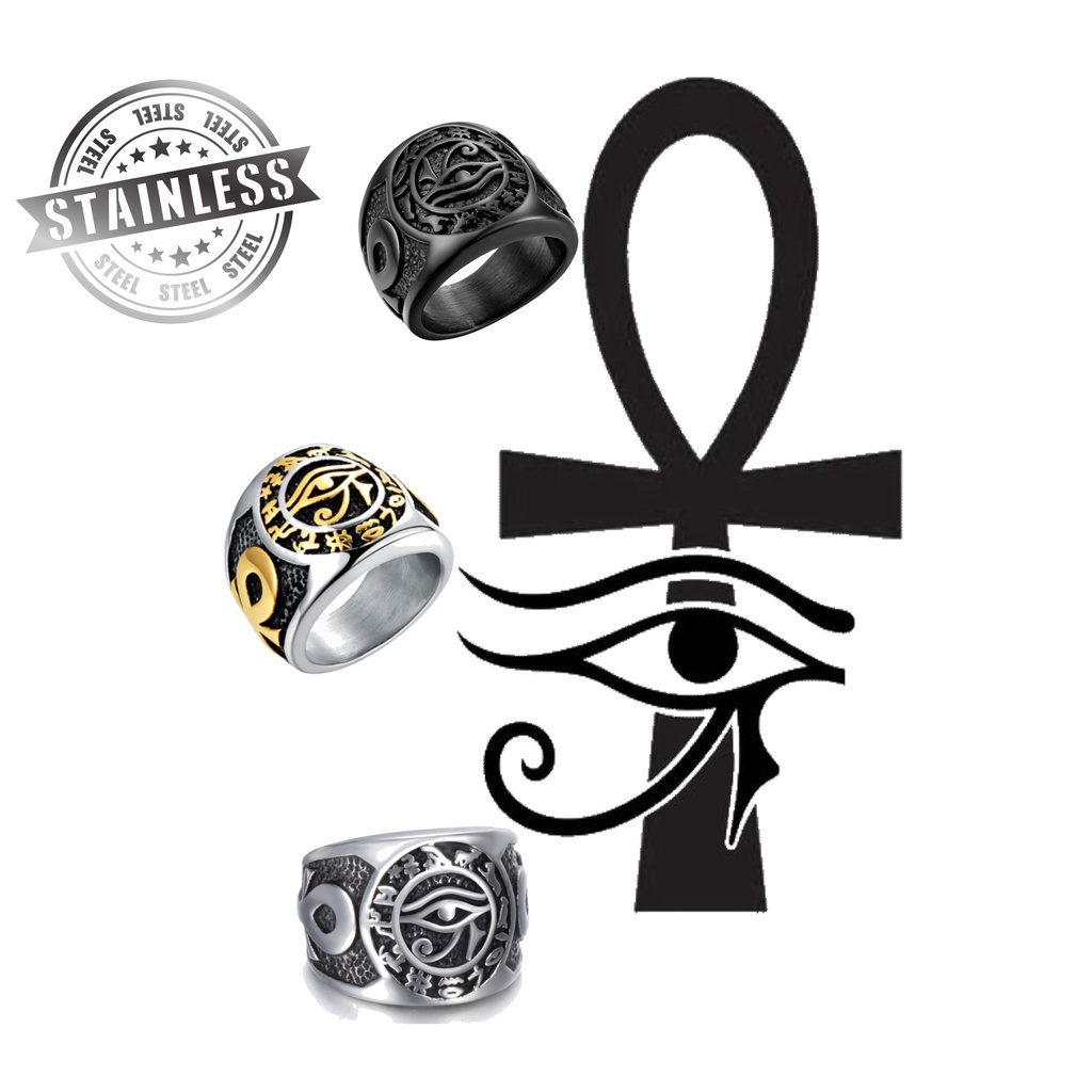 Anel Masculino Feminino Olho de Horus Ankh Egípcio Hieroglífico Egito Civilizações Antigas Acessório Vintage Aço 24g