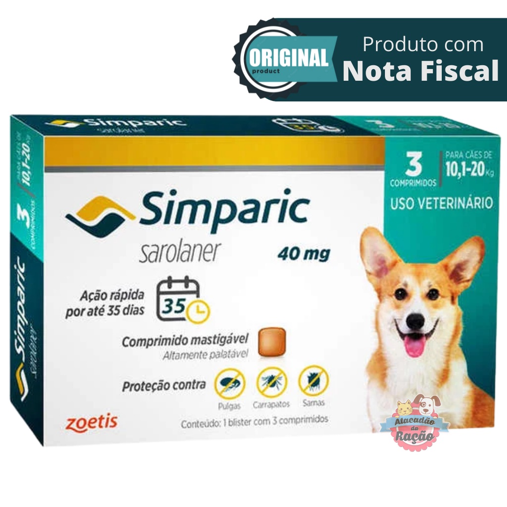 Simparic para Cães de 10,1 a 20 Kg (40 mg) Antipulgas e Carrapatos - 3 Comprimidos - Pets
