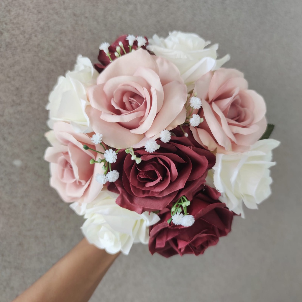 Buque de casamento noiva rosas com chuva de prata flores artificiais  realitas marsala, rosa gold, lilas, azul serenity, rosa, branco | Shopee  Brasil
