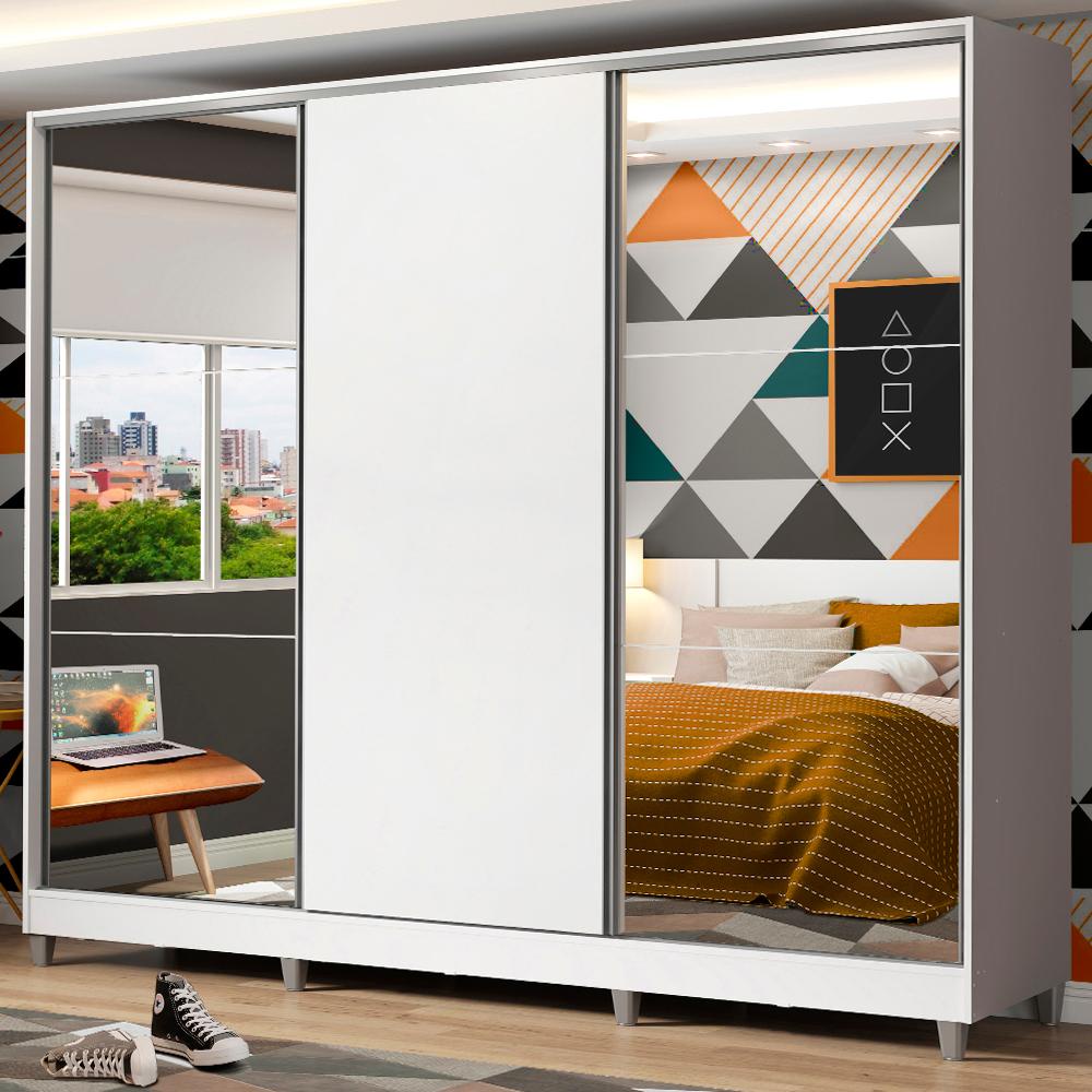 Guarda Roupa Juvenil 100% MDF Madesa Kevin 3 Portas de Correr com Espelhos com Pés - Branco - Home & Living