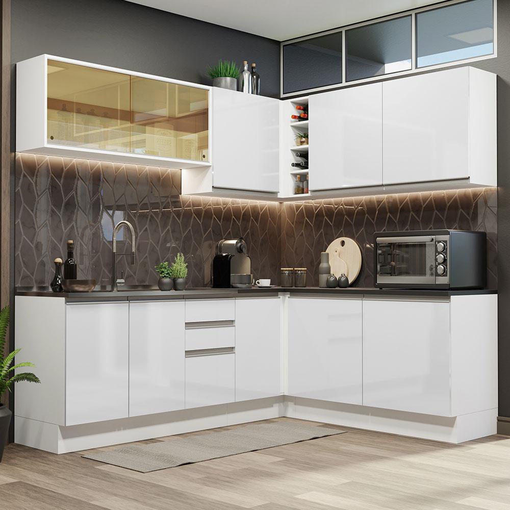 Cozinha Completa de Canto 100% MDF Madesa Acordes 389002 Armário e Balcão - Frentes Branco Brilho - Home & Living