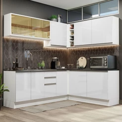 Cozinha Completa de Canto 100% MDF Madesa Acordes 389002 Armário e Balcão - Frentes Branco Brilho
