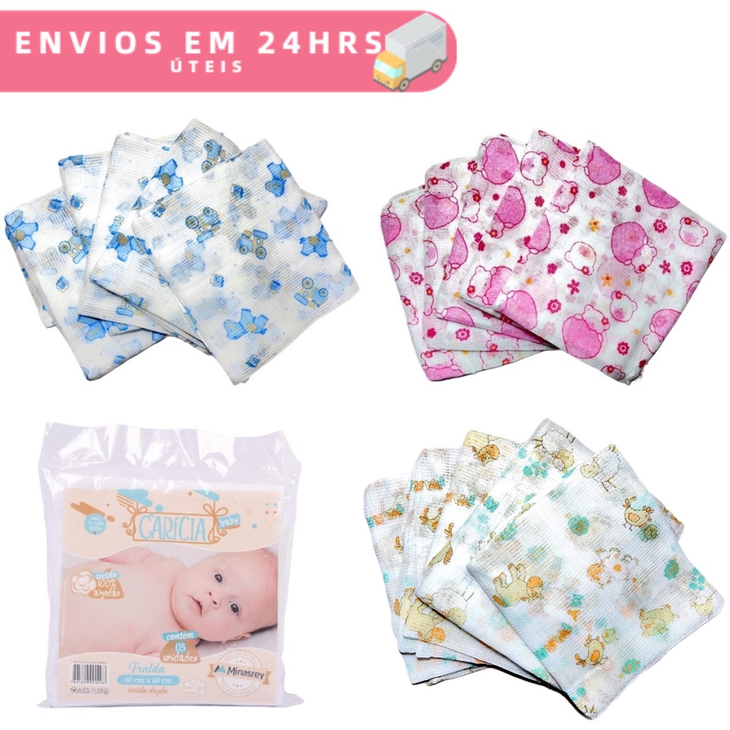 Kit Fralda de Pano Bebê 60cm x 60cm com 5, 10, 15, 20 ou 25 unidades - 100% Algodão Minasrey