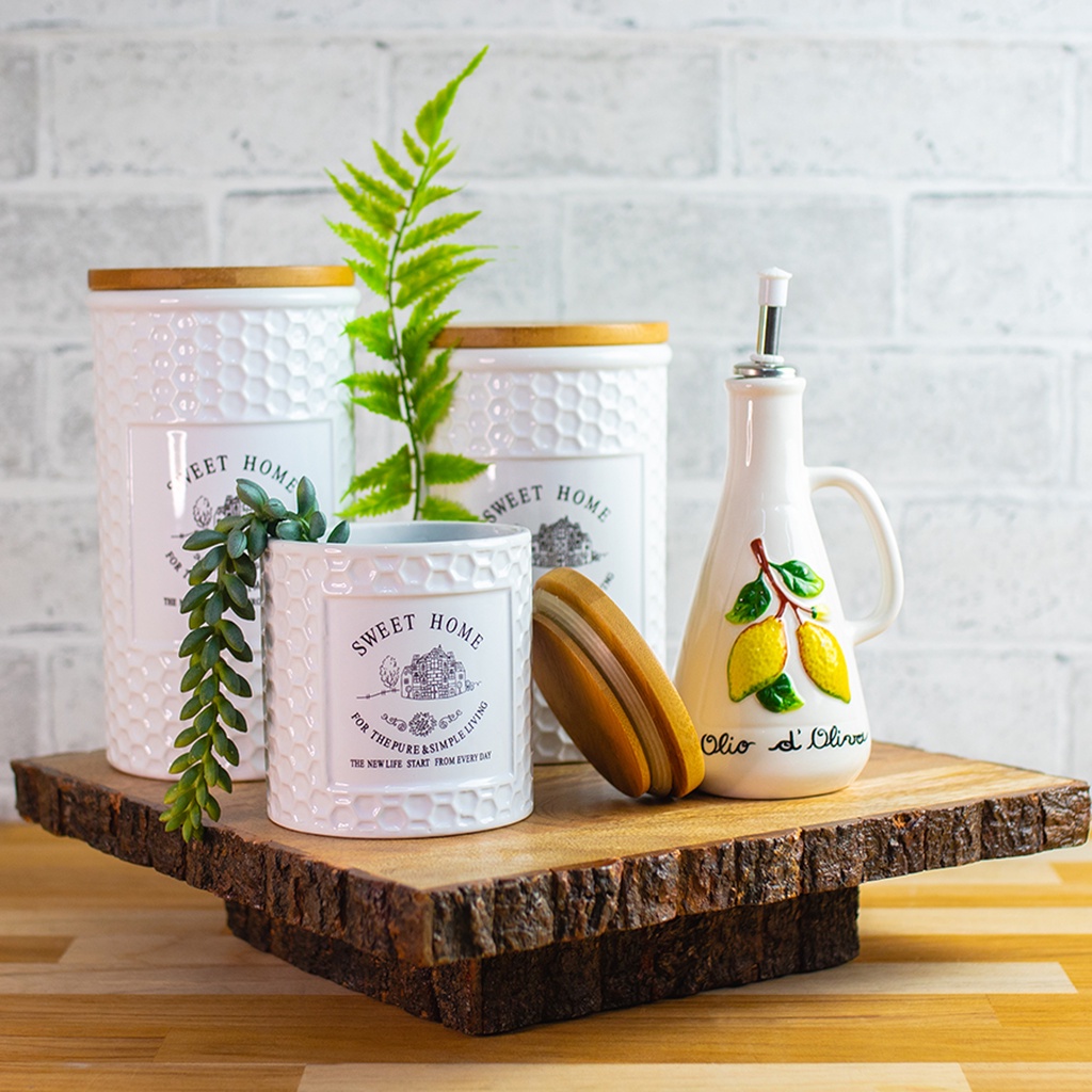 Pote em Porcelana Branca e Tampa de Madeira Sweet Home 1Lt