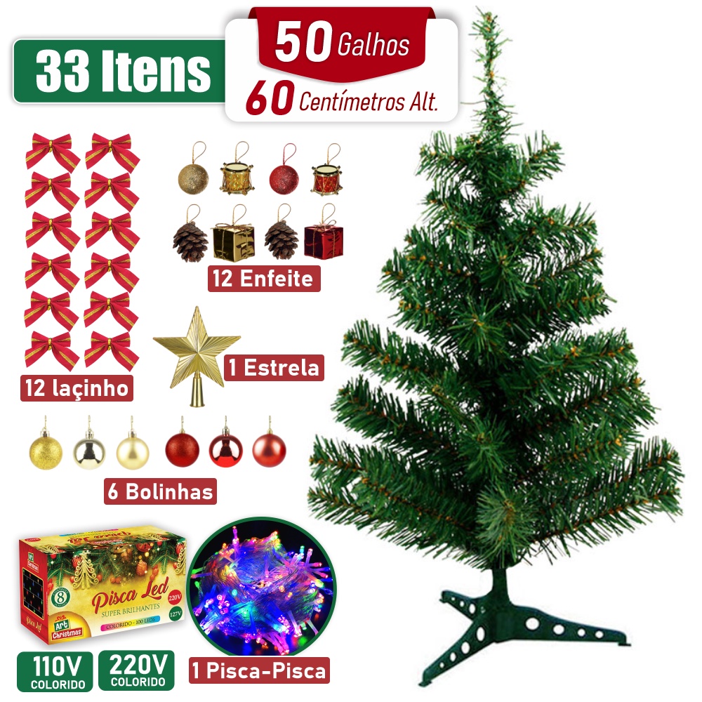 Promoção Kit Árvore De Natal 60cm 50 Galhos Decorada 32 Enfeites Natalino |  Shopee Brasil