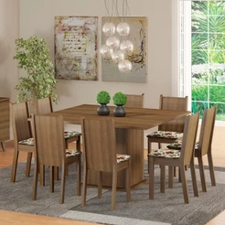 Conjunto Sala de Jantar Madesa Clarice Mesa Tampo de Madeira com 8 Cadeiras - Rustic/Floral Hibiscos