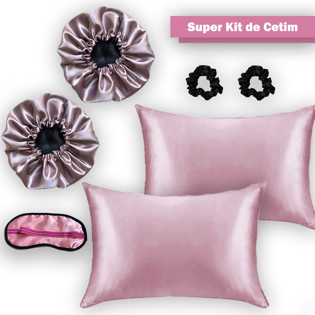 Kit Touca Cetim Dupla Face Ajustável 6 Peças Seda + mascara de dormir
