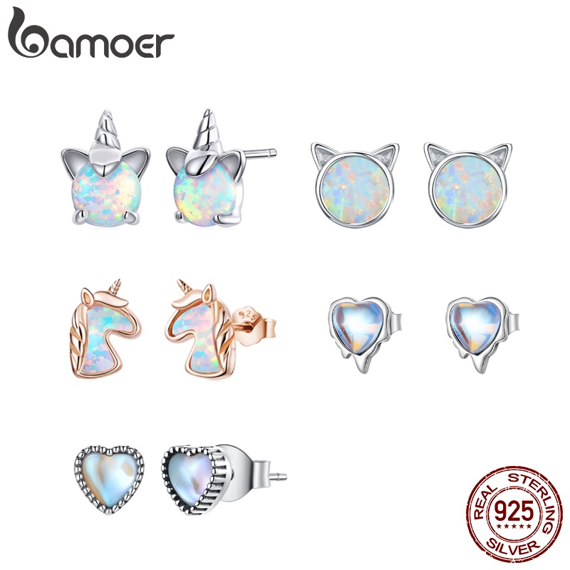 Brincos Bamoer 925 Prata Unicórnio Gato Coração Orelha Cravos Moda Joia Para Mulheres Presente Meninas SCE737