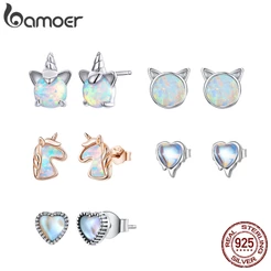 Brincos Bamoer 925 Prata Unicórnio Gato Coração Orelha Cravos Moda Joia Para Mulheres Presente Meninas SCE737