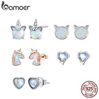 Brincos Bamoer 925 Prata Unicórnio Gato Coração Orelha Cravos Moda Joia Para Mulheres Presente Meninas SCE737
