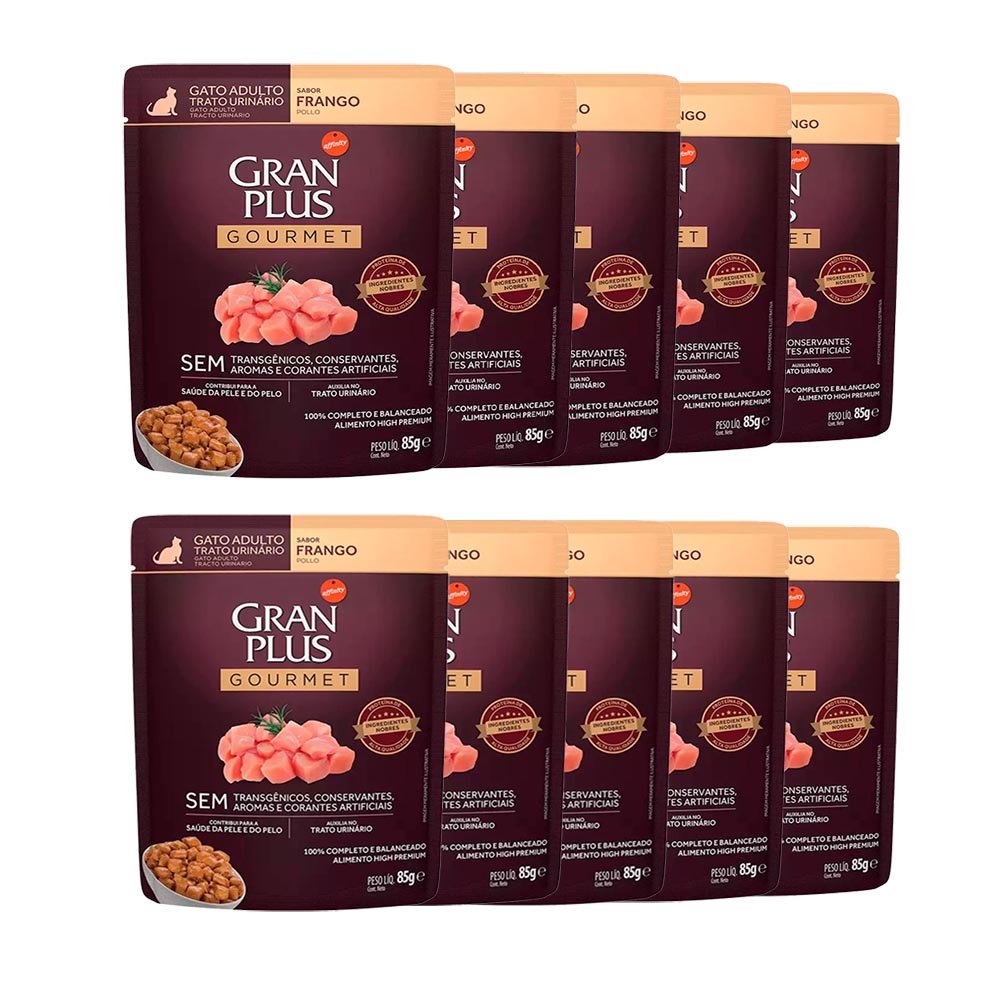 KIT 10 Ração Úmida Gran Plus Sachê Gatos Gourmet Trato Urinário Frango - 85g em Oferta na Shopee