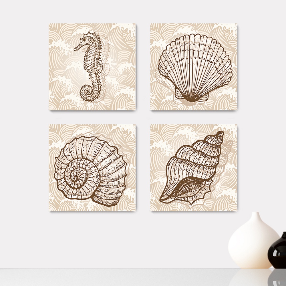 Kit 4 Quadros Decorativos Marítimo Conchas Banheiro Lavabo Mar Quarto Casa Sala Placas - 0074ktpl4