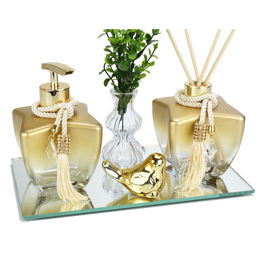 Kit Vidros Degrade Cobre 280ml Para Difusor C/ Bandeja Decoração + Ursinho Porcelana