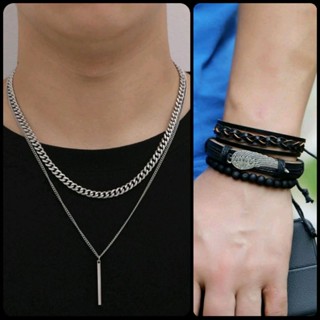 Colar duplo masculino com pingente geométrico. Conjunto 3 pulseiras masculinas couro PU, regulável