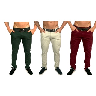 Kit 3 Calças Tradicionais Verde musgo Gelo e Bordô Slim FIt Sarja Sport Fino em Oferta na Shopee