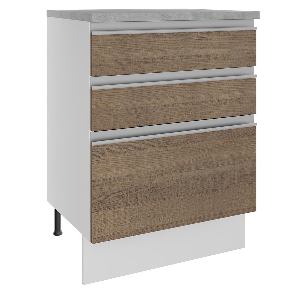 Balcão Armário de Cozinha 60 cm 3 Gavetas Branco/Rustic Glamy Madesa em Oferta na Shopee