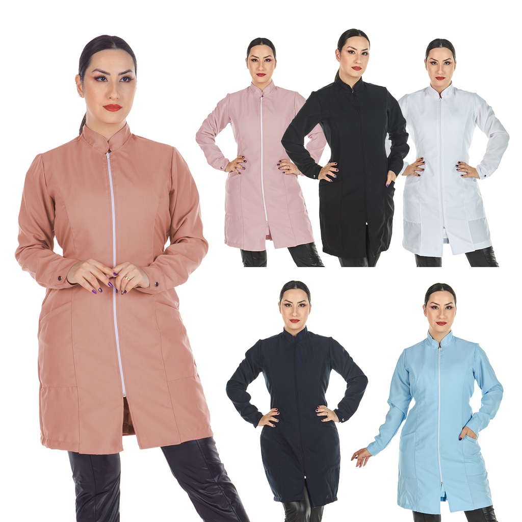 Jaleco Feminino Acinturado Oxford Manga Longa Com Zíper Gola Padre Várias Cores Estética E...