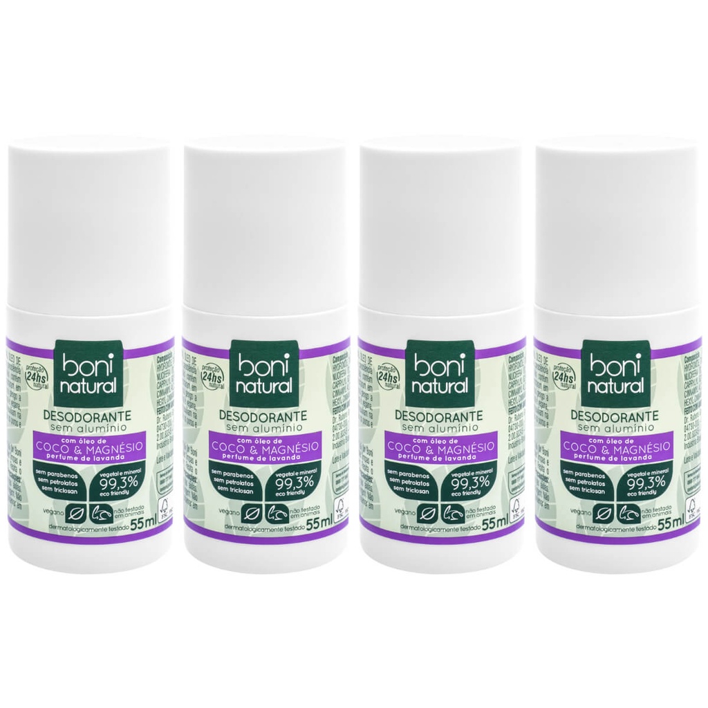 Kit 4 Desodorante Roll On Boni Natural Coco Magnesio Lavanda