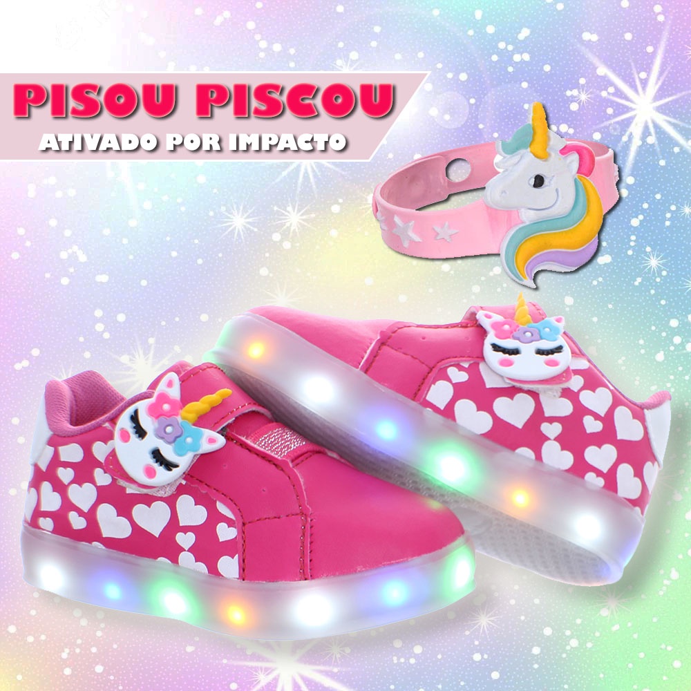 Tenis Calcado com Luz de Led Pisca Unicornio Pink Meninas Infantil + Pulseira
