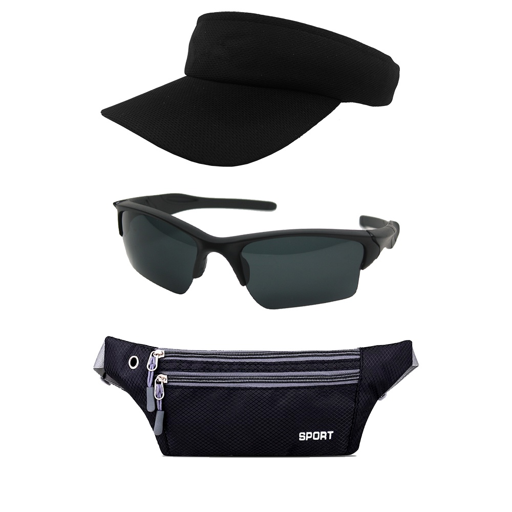 Kit Esportivo Com 1 Viseira Lisa 1 Oculos De Sol E 1 Pochete - Corrida E Caminhada