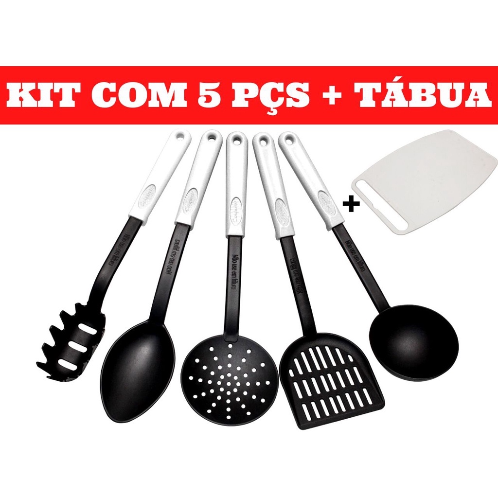 Kit Utensílios de Cozinha 5 Peças Nylon Branca ou Vermelha + Tábua de Corte