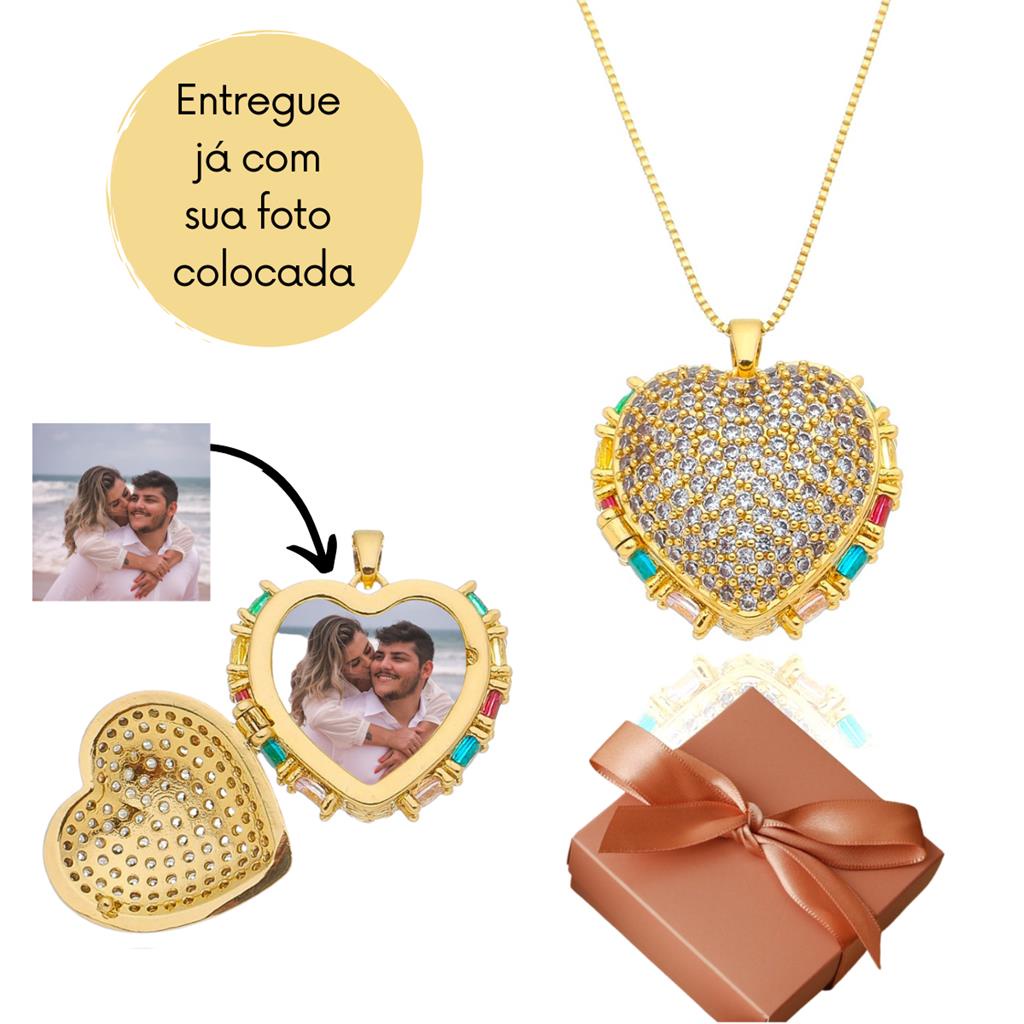 Colar feminino com pingente relicario cravejado de zirconia para colocar foto banhado a ouro 18k para presente