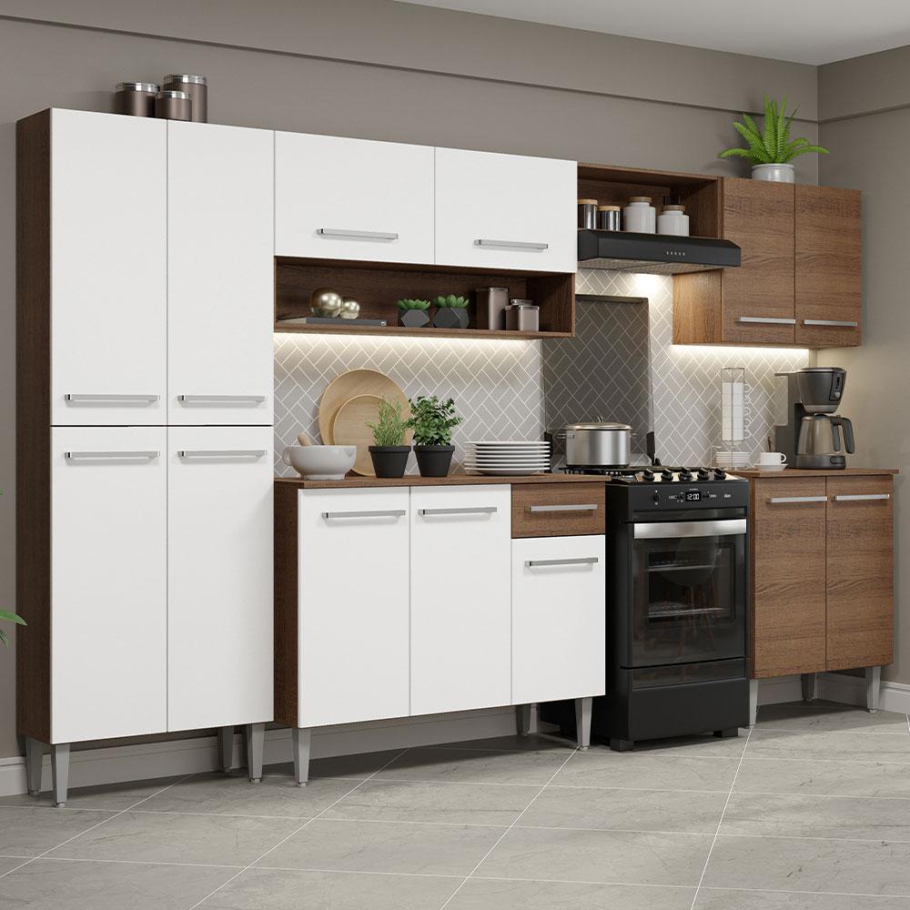 Armário de Cozinha Completa Madesa Emilly 293001 com Balcão e Paneleiro - Rustic/Branco - Home & Living