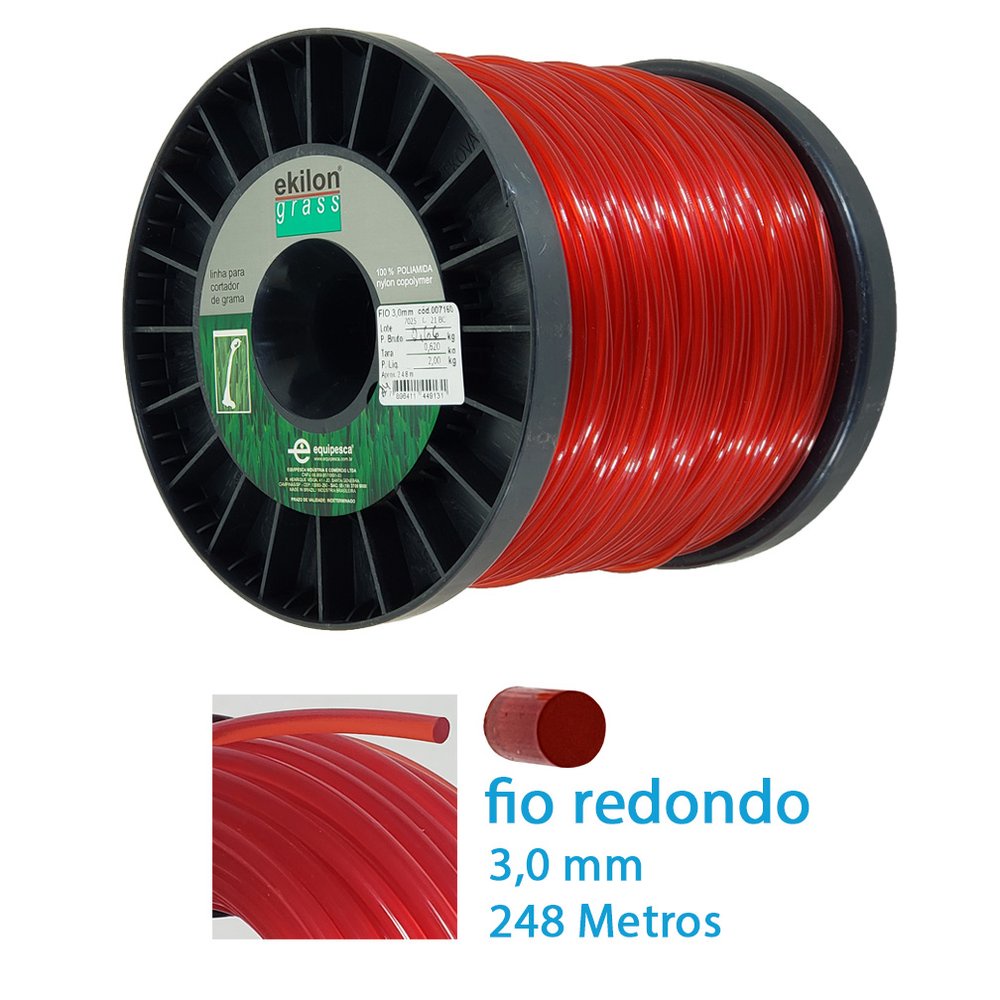 Fio Nylon Redondo Roçadeira Grama  3mm 248 Metros 2kg Ekilon