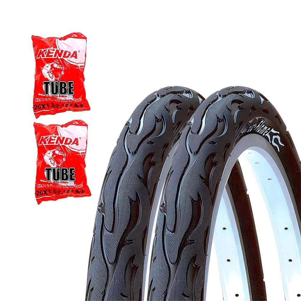 Kit Par Pneu Balão Kenda Flame Aro 26x2.125 + 2 Câmaras Bico Grosso em Oferta na Shopee