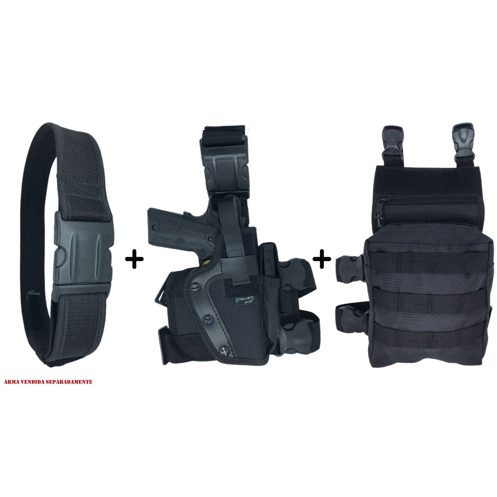 Coldre Destro (Lado Direito) Robocop Cintura/Perna + Cinto N.A +Bornal Militar Modular Preto em Oferta na Shopee