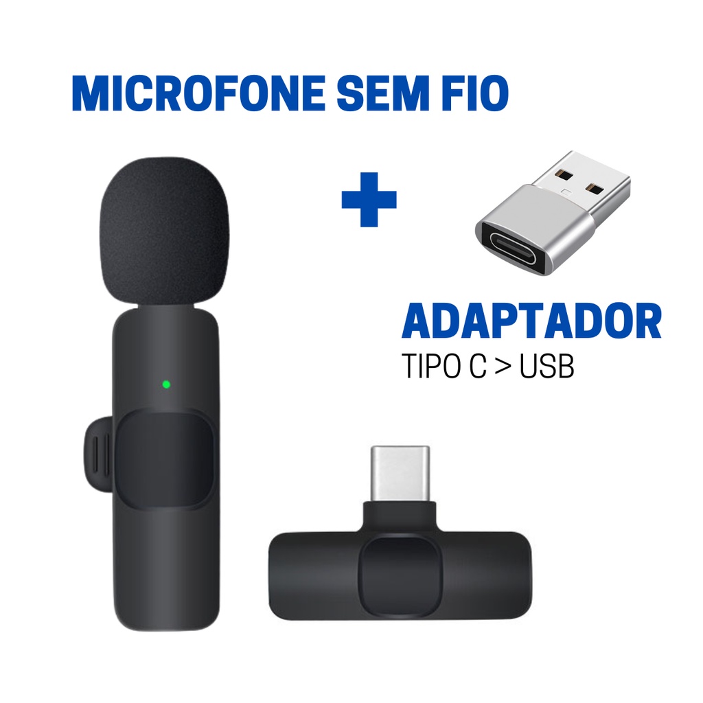 Adaptador C Para USB + Microfone de Lapela Sem Fio Tipo C