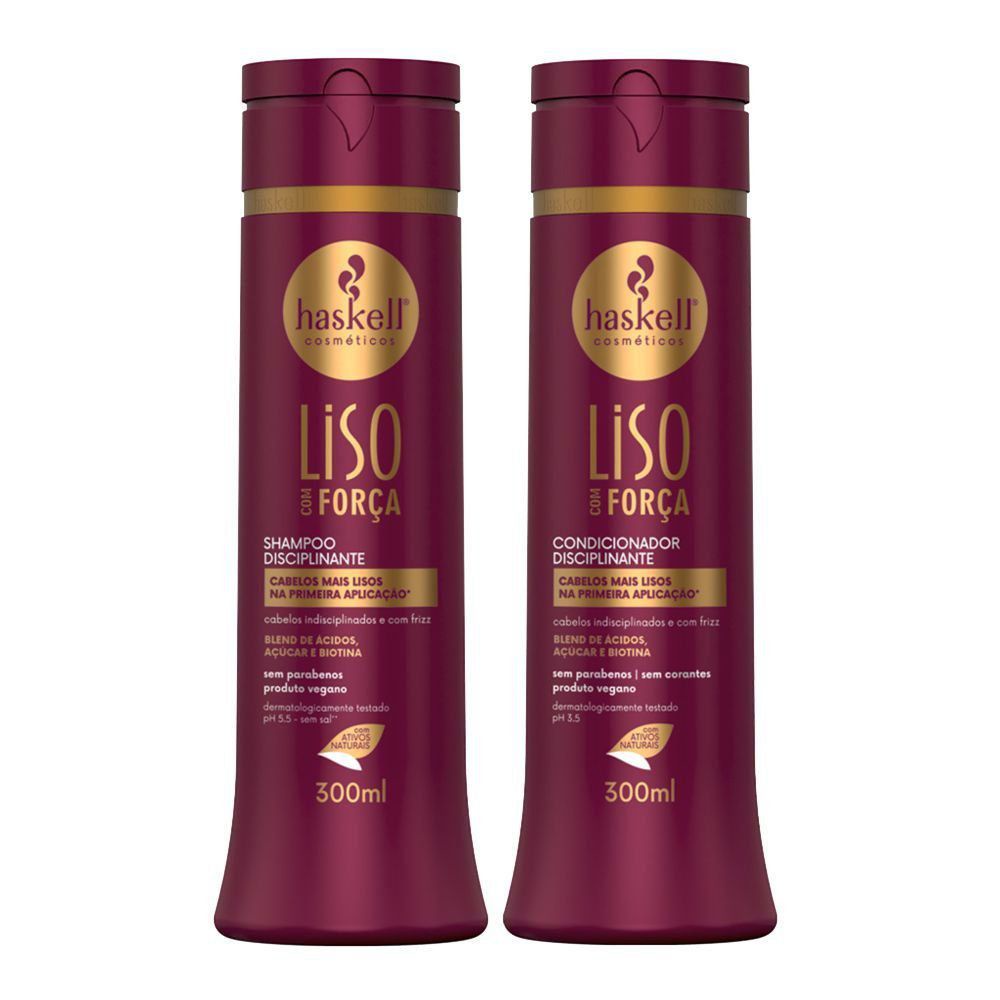 Kit Haskell Liso com Força Shampoo e Condicionador 300ml Tratamento Cabelos Lisos ou Alisados