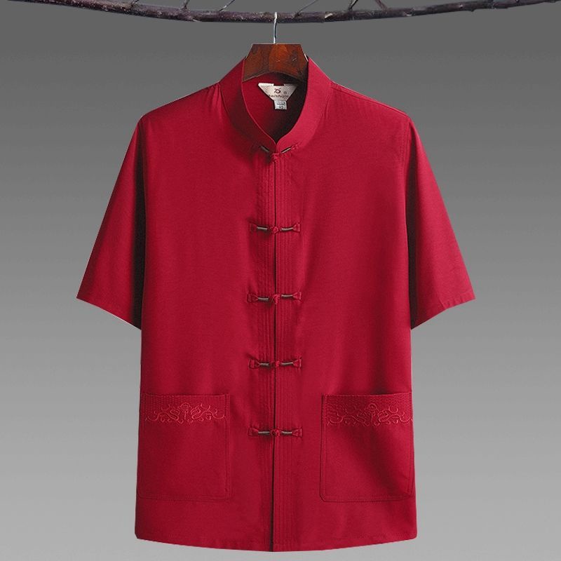 Qian Dai Terno Tang De Meia-Idade E Idosos + Algodão Cor Sólida Masculina Camisa Casual Tradicional Chinesa De Linho Mas