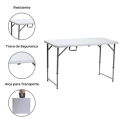 Mesa Dobrável De Plástico Vira Maleta Para Camping Praia Churrasco 120X60cm Branco