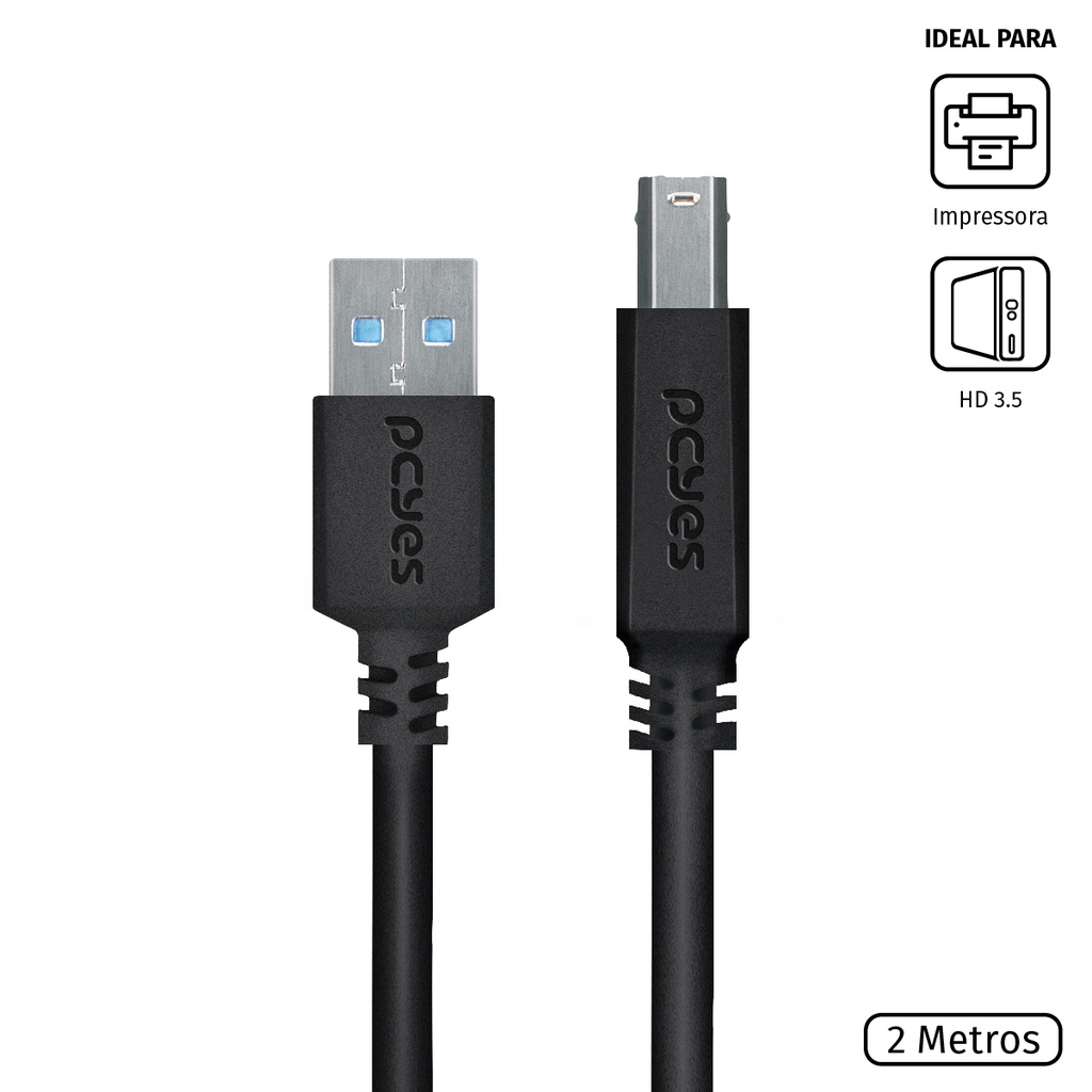 Cabo Para Impressora E Hd Externo Usb A 3.0 Macho Para Usb B 3.0 Macho 28awg Puro Cobre 2 Metros - Puabm3-2