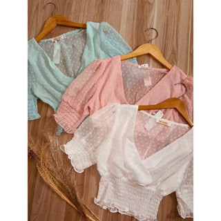 Blusa Manga Curta com Lastex Chiffon Transpassada Lia