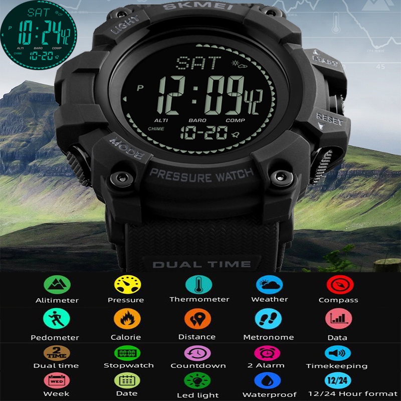 Skmei Esportivo Ao Ar Livre Relógios Masculinos Moda Grande Discagem Multifuncional Bússola Altímetro Pedômetro Temperatura Calorias Rastreador LED Impermeável Relógio De Pulso Digital Duplo Tempo