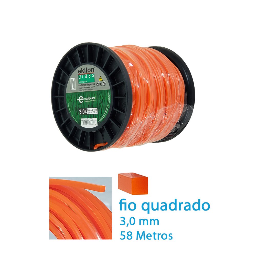 Fio Nylon Quadrado Roçadeira Grama 3mm 58 Metros 500kg Ekilon