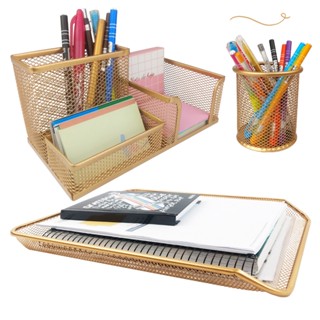 Kit Escritório Porta Caneta Lápis, Organizador de Mesa, Bandeja Organizadora Dourado