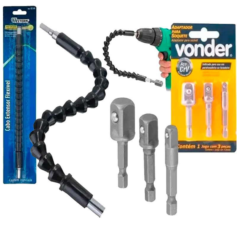 Kit Extensor Haste Prolongador 1/4 Pol. Ferramenta Braço Flexível Parafusadeira + Adaptador em Oferta na Shopee