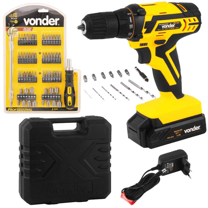 Parafusadeira Furadeira 12v Pfv012 Kit 13 Pc + 58 Pc Vonder
