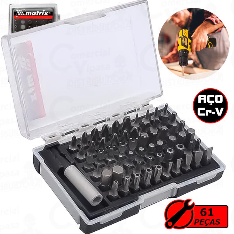 Jogo 61 Peças Bits Adaptador Magnético Parafusadeira Ponteira 25mm + Estojo Profissional Aço Cr-V em Oferta na Shopee