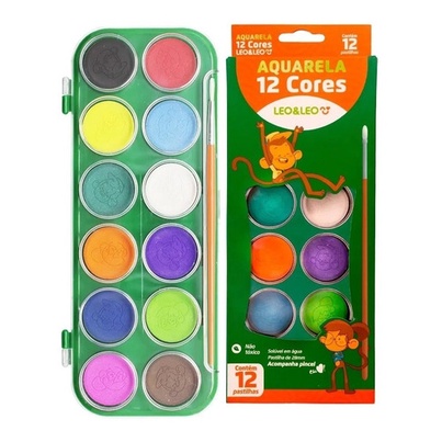 Estojo De Tinta Aquarela 12 Cores + Pincel Escolar Leo & Leo